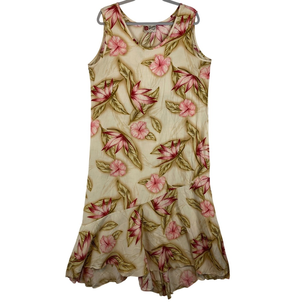 Hilo Hattie Hawaiian Original Floral Midi Dress XL Pink Hibiscus Tropical